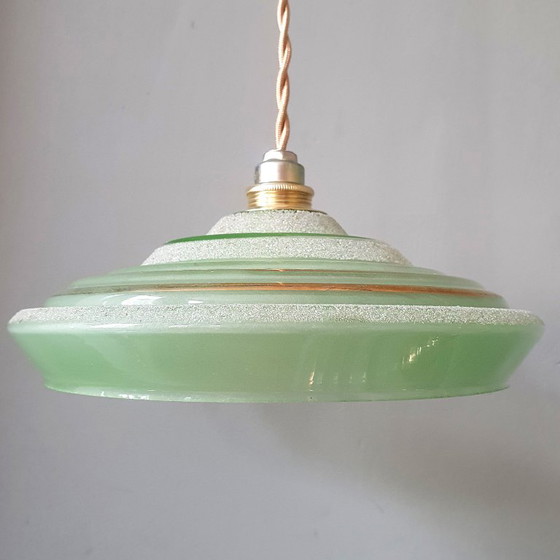 Set of 3 Antique Pendant Lights of Opaline Glass in Green, with Crushed Glass and Gold Decoration (photo 8 of 20)