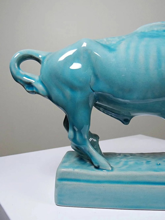 Bisonte Zsolnay in maiolica smaltata turchese, Ungheria, anni '40-'50. – Oggetti decorativi, Porcellana (photo 3 of 15)