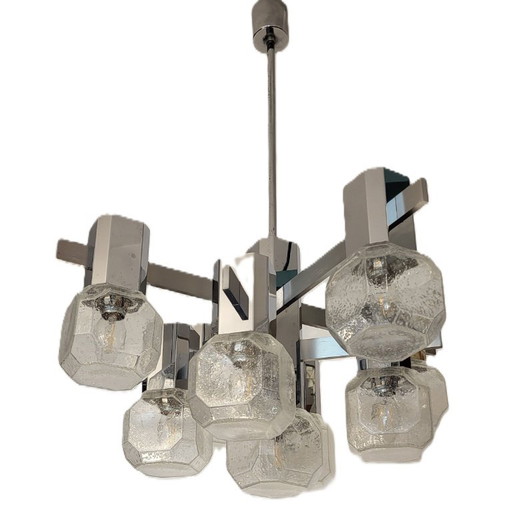 Lámpara de araña de Gaetano Sciolari, 9 luces, cromo, aluminio, vidrio esmerilado, estilo era espacial, brutalismo.