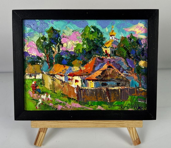 Image 1 of Peinture à l'huile originale représentant un paysage rural dans une rue du village par une chaude journée ensoleillée.