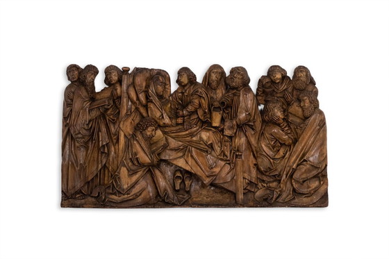 Image 1 of Retable rhénan, Dormition en bois sculpté en bas-relief, XIXe siècle