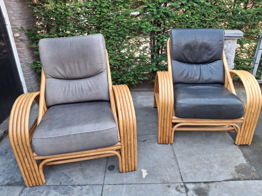 Bamboe rattan rotan set, fauteuils, tafel, Paul Frankl stijl