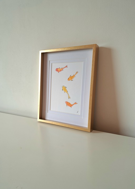 Watercolor painting of koi carp | Gold-colored frame