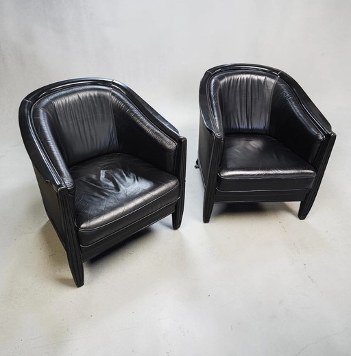2 x schwarzer Ledersessel 1980er Jahre / Art Deco Stil / guter Zustand
