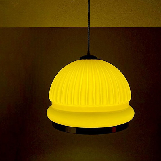 Image 1 of Large Space Age inspired yellow opaline ribbed glass dome hanging light for dining room, 1970s