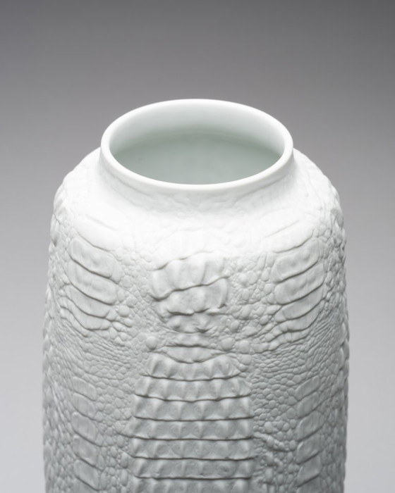 Image 1 of XL Manfred Frey Kaiser Bisque Porcelain Vase Crocodile Reptile Relief Op-Art Duo