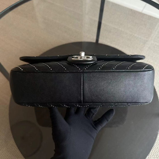 Image 1 of Chanel Seasonal Flap - Studded 25CM Chevron Calfskin Black Silver Hardware Series 24