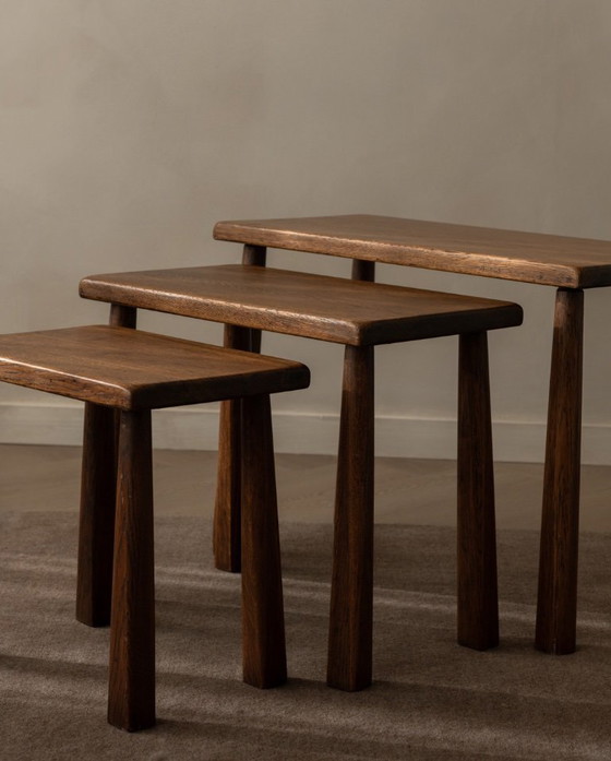 Image 1 of Vintage Brutalist Solid Oak Nesting Tables (Set of 3) – Dutch, 1970s
