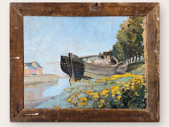 1930 French Double-Sided Oil Painting with Geese and Boat, Rustic Frame, Paintings & Drawings, Other, Wood (photo 8 of 9)