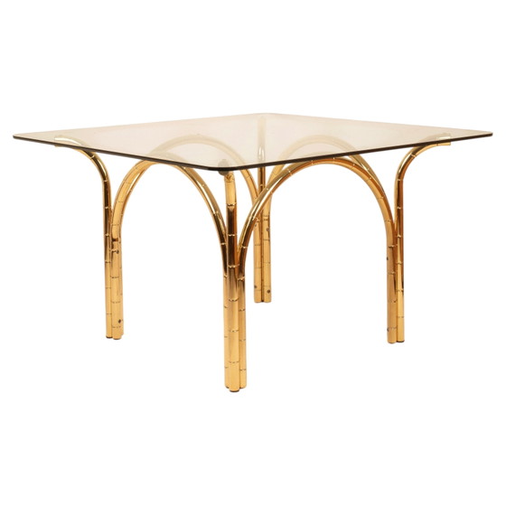 Table de salle à manger italienne méditerranéenne en acier plaqué laiton effet bambou et plateau en verre (photo 7 of 21)