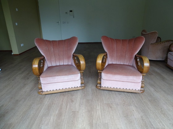 Image 1 of ⚠️ 2 sur 4 encore disponibles | Fauteuils club Art déco (env. 1920-1950) | Velours rose poudré | Chêne sculpté