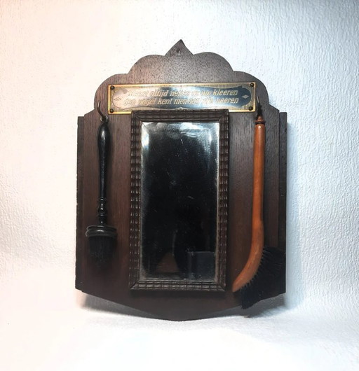 (W020) Magnifique miroir de couloir ancien avec brosses à vêtements et inscription – vers 1930-1950
