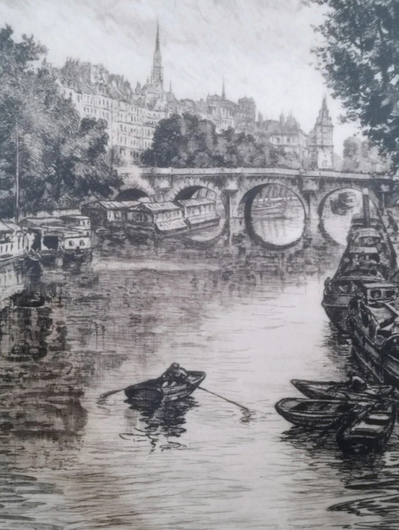 Originele ets van Aimé Edmond Dallemagne, getiteld Gezicht op de Seine – Litho's & Zeefdrukken, Paper (photo 9 of 10)