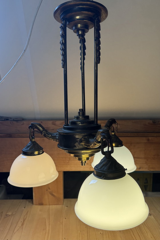 Image 1 of Rare Art Nouveau pendant lamp | 3 perfect original opal glass shades | 1905–1925
