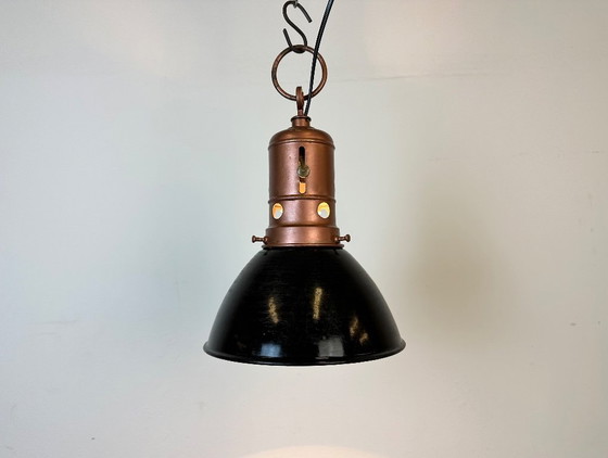 Image 1 of Industrial Italian Black Enamel Factory Lamp with Iron Top, 1950s