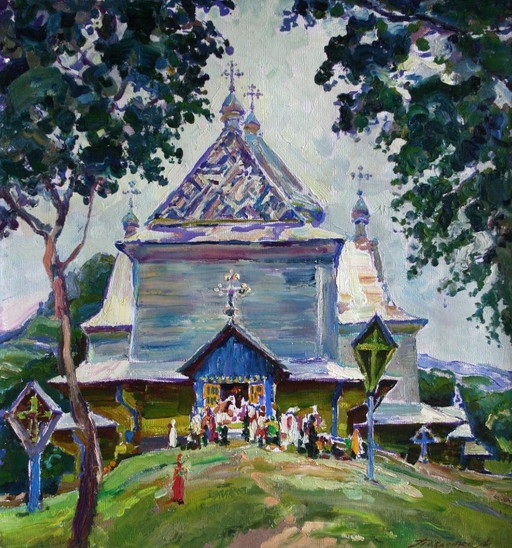 Origineel olieverfschilderij Zomerlandschap Plattelandskerk Vakantie