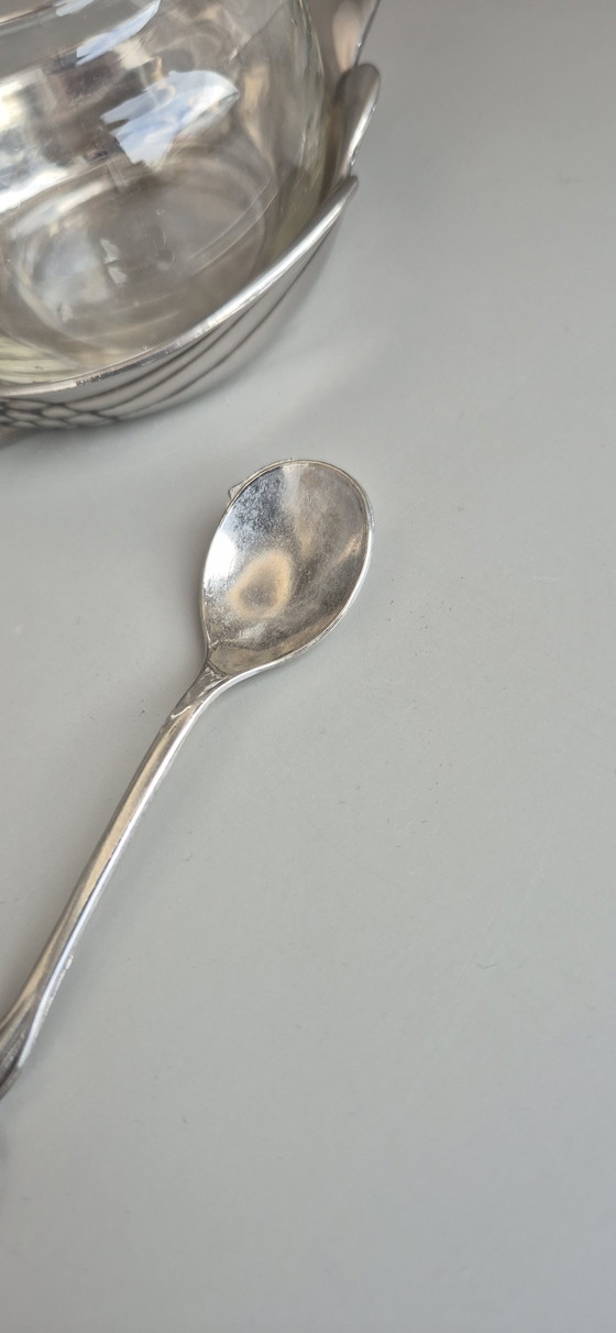 Image 1 of Vintage Swan-Shaped Jam or Sugar Bowl – Silver Metal & Glass – With Spoon