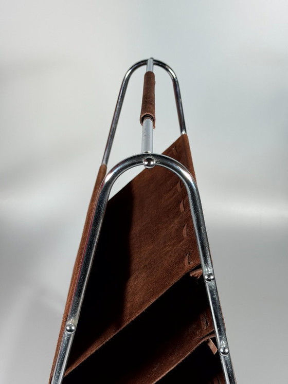 Image 1 of 1960s/70s Newspaper Holder/Magazine Stand, Metal/Leather, Mid-Century Design