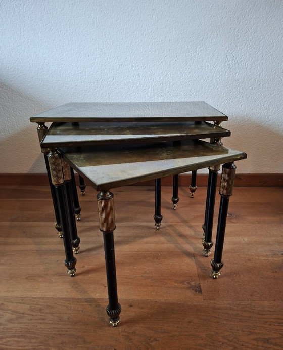 Image 1 of Vintage Maison Jansen style table nest in bronze and Verre Églomisé