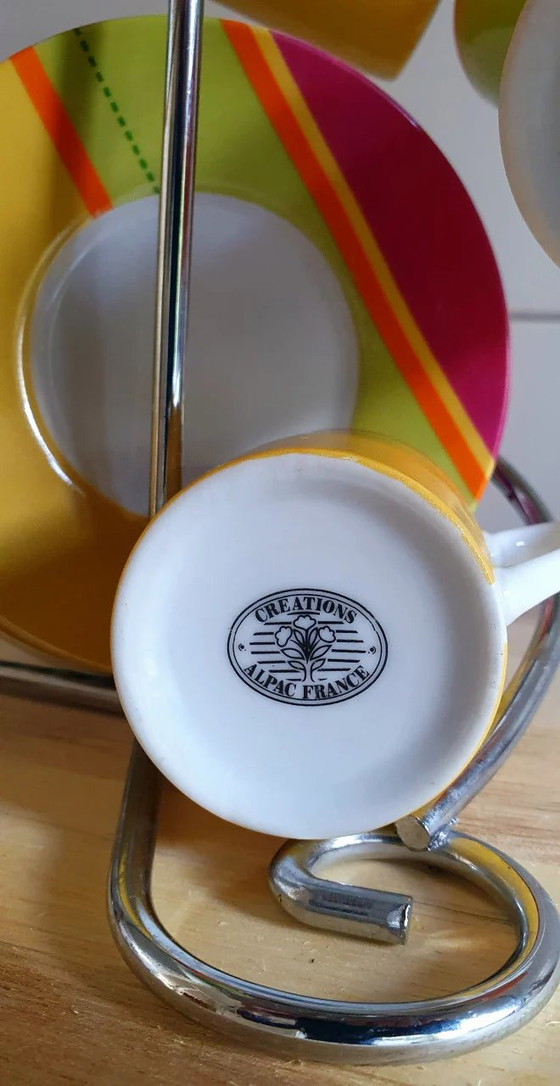 Image 1 of Bicchiere e piattino vintage colorato per 6 persone con appendino cromato