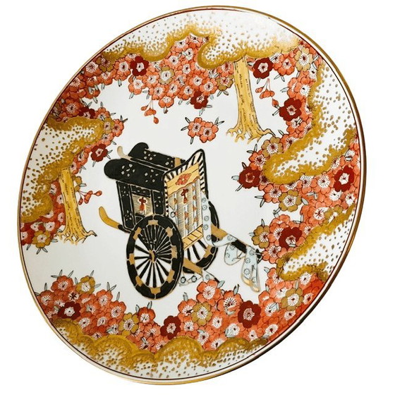 Panneau vintage japonais Imari peint à la main représentant une charrette à bœufs, fleur de cerisier rose, (photo 4 of 7)