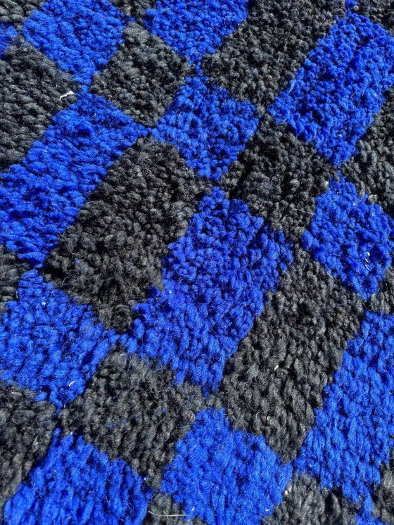 Image 1 of Handmade Moroccan Rug – Black & Blue Checkered Wool Carpet | Geometric Checkerboard Area Rug | Boho Vintage Style Home Decor