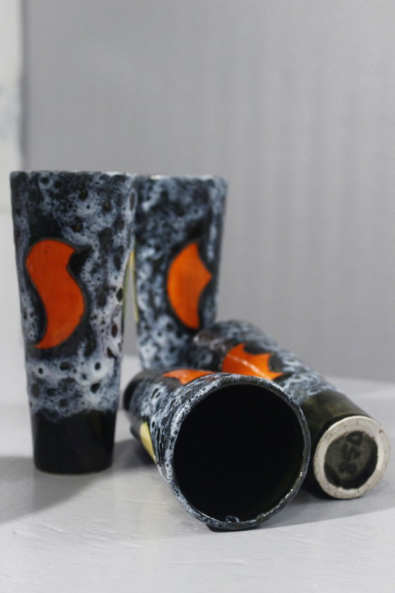 Image 1 of Luc Vallauris Saftservice Karaffe + 5 Becher Emaille Lava Frankreich 1950s