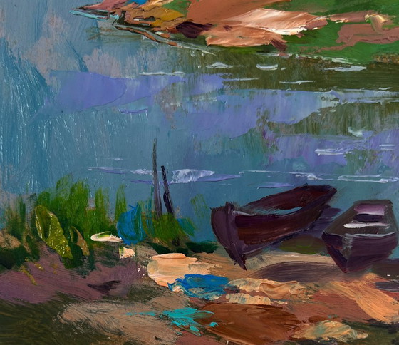 Image 1 of Original Oil Painting Rural Summer Landscape Village Nestled On A Quiet Shore