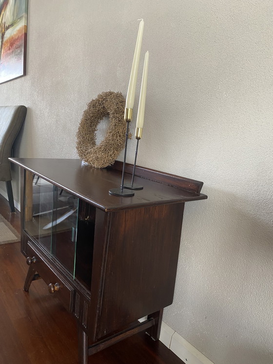 Image 1 of Vintage Mid - Century Dark Wooden Display Case With Sliding Doors