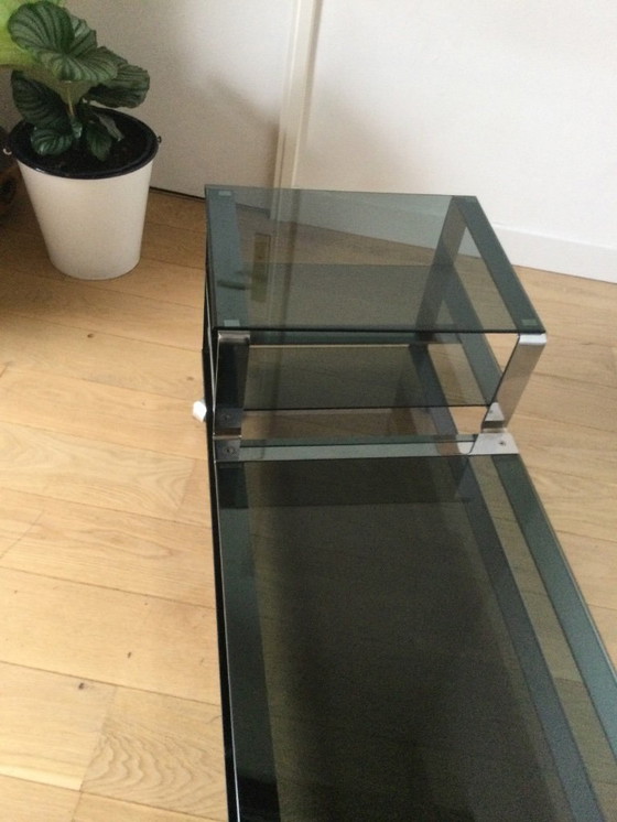 Image 1 of Salontafel / Laag kastje, Italiaans design in gerookt glas en staal