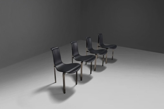 Fauteuils en cuir et chrome à trois pieds, Italie, années 1970 – Chaises de salle à manger, Leather, Vintage (photo 5 of 9)