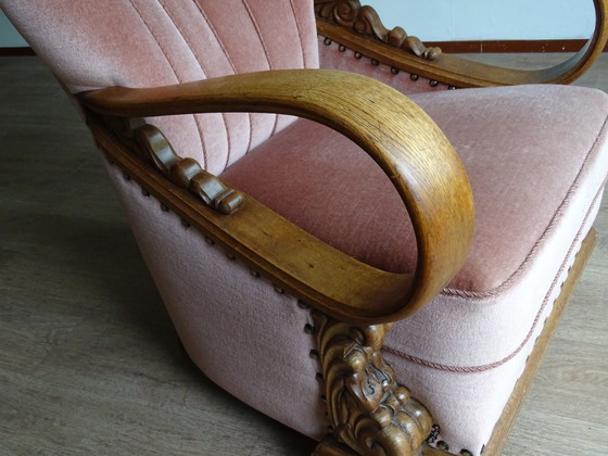 Image 1 of ⚠️ 2 sur 4 encore disponibles | Fauteuils club Art déco (env. 1920-1950) | Velours rose poudré | Chêne sculpté