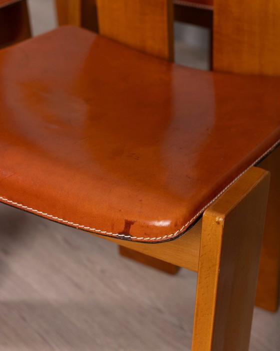 Image 1 of Ensemble de 4 chaises vintage des années 1950 en bois et cuir, design italien