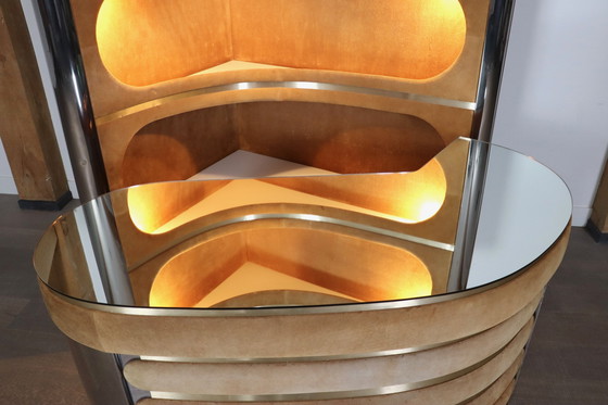 Image 1 of Suede and Chrome Dry Bar with Barstools in Cognac by Willy Rizzo, Italy 1970s