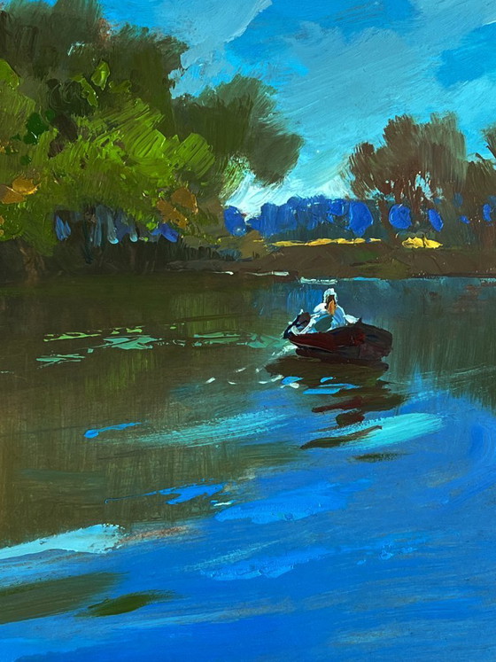 Image 1 of Peinture à l'huile originale, paysage naturel, collines d'été, bateaux sur la rivière