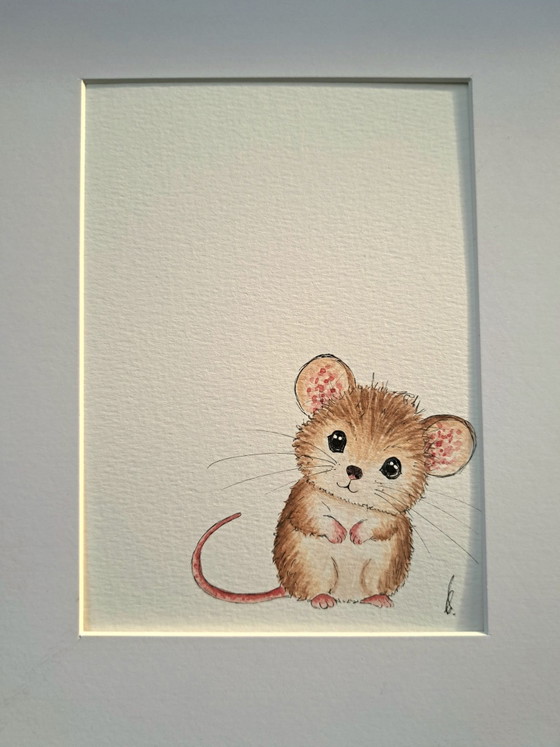 Watercolor painting little mouse in corner | Framed, Paintings & Drawings, Paper, Beige (photo 3 of 6)