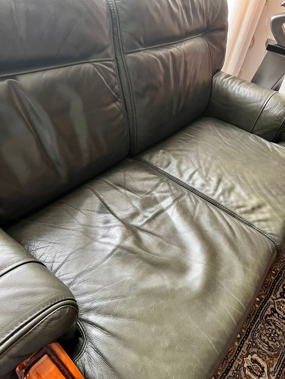 Image 1 of 2x sofá 2 plazas y 1× sillón cuero verde oscuro