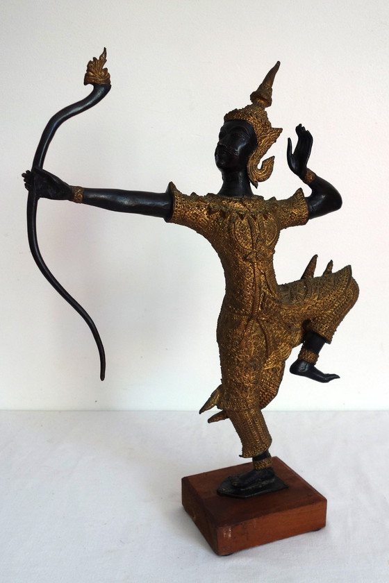 Image 1 of Gilded bronze and black statuette of Prince Rama, Thailand