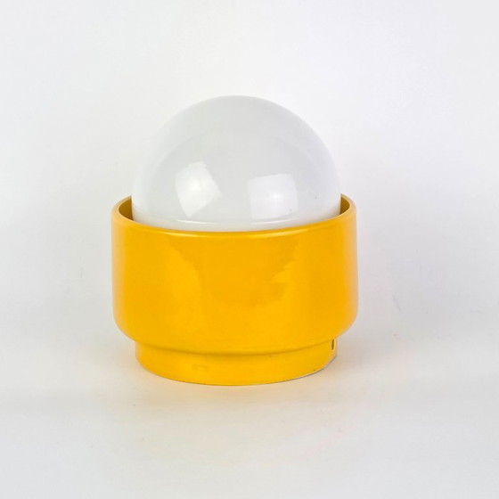 Image 1 of Vintage German ceramic lamp with a glass globe shade. Can be used as a wall lamp, table lamp, or sconce. Yellow. 70s / retro