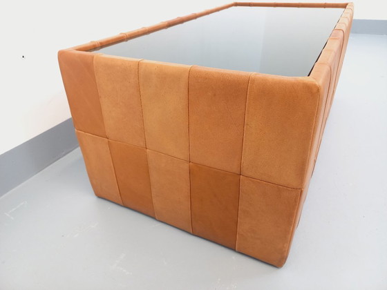 Image 1 of Vintage Swiss rectangular coffee table by De Sede in smoked glass and leather from the 1970s