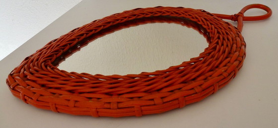 Image 1 of Orange Vintage Retro Wicker Mirror In Heart Shape.