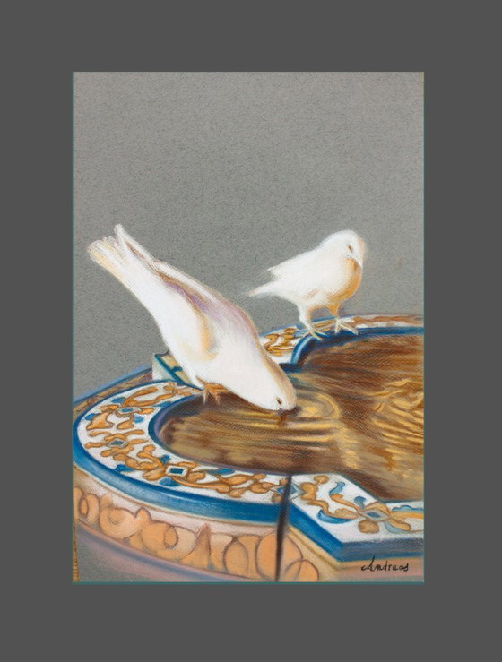 Image 1 of Pigeons drinking from the fountain. Drawing of pigeons. Painting of pigeons. Picture of pigeons. New.
