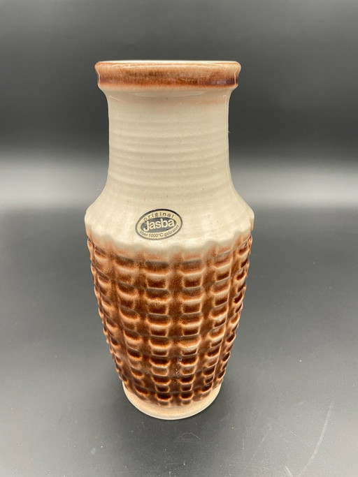 Vase en céramique Jasba – Brun Blanc – relief géométrique – West Germany – 25 cm