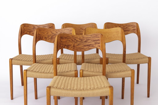 6 Niels Moller Stoelen, Model 71, Eik, 1950S, Deens Vintage, Set Van 6, Papercord Zittingen