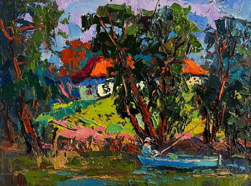 Dipinto ad olio originale, paesaggio fluviale serale, pesca estiva
