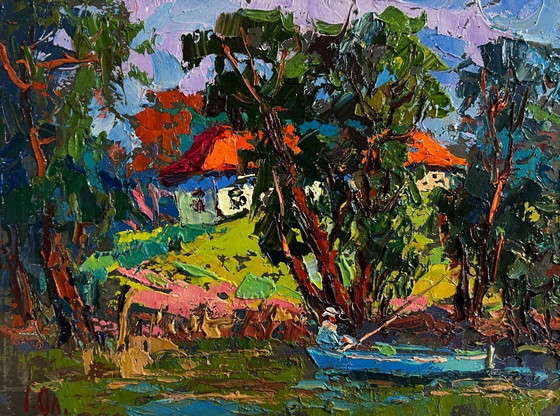 Image 1 of Original Oil Painting Evening River Landscape Fishing in the summer