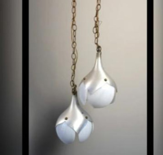 Image 1 of Vintage MCM 70s Double Pendant Green Slag Glass Tulip Lotus Light Chandelier