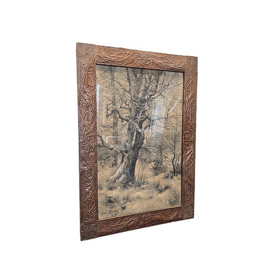 Image 1 of Antique charcoal drawing in a brass frame, ca. 1900