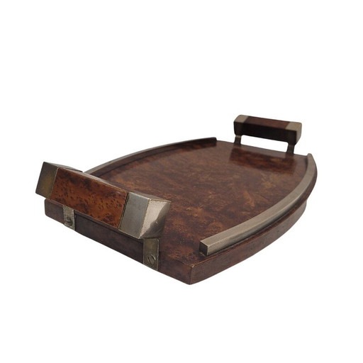 Plateau de service vintage art déco en bois de racine ou de lupia et acier chromé, France 1930