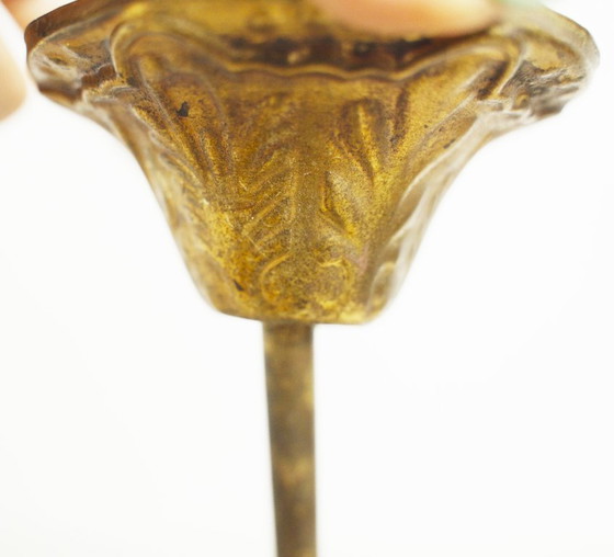 Image 1 of Vintage Franse messing kroonluchter, antieke plafondlamp in rococo-revival Louis XV-stijl met 5 armen en gezichtsmotieven.